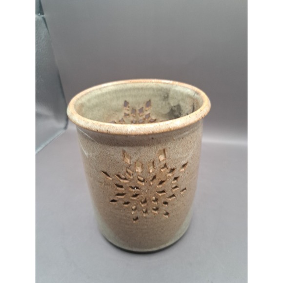 Art Pottery Brown Glazed Snowflake Candle Holder Artist Signed - Picture 3 of 16